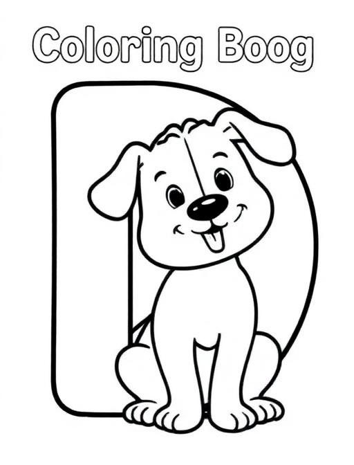 Letter D with dog illustration for learning and coloring